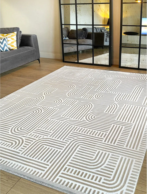 Madra Serisi Makinede Yıkanabilir Bej Renk Halı TH-5709