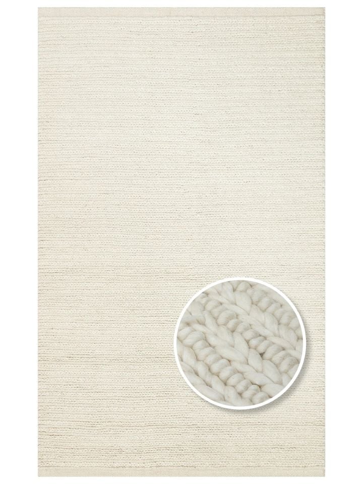Liva Serisi İskandinav Tarzı İri Örgü Dokulu Beyaz Doğal Yün Halı NX-3694