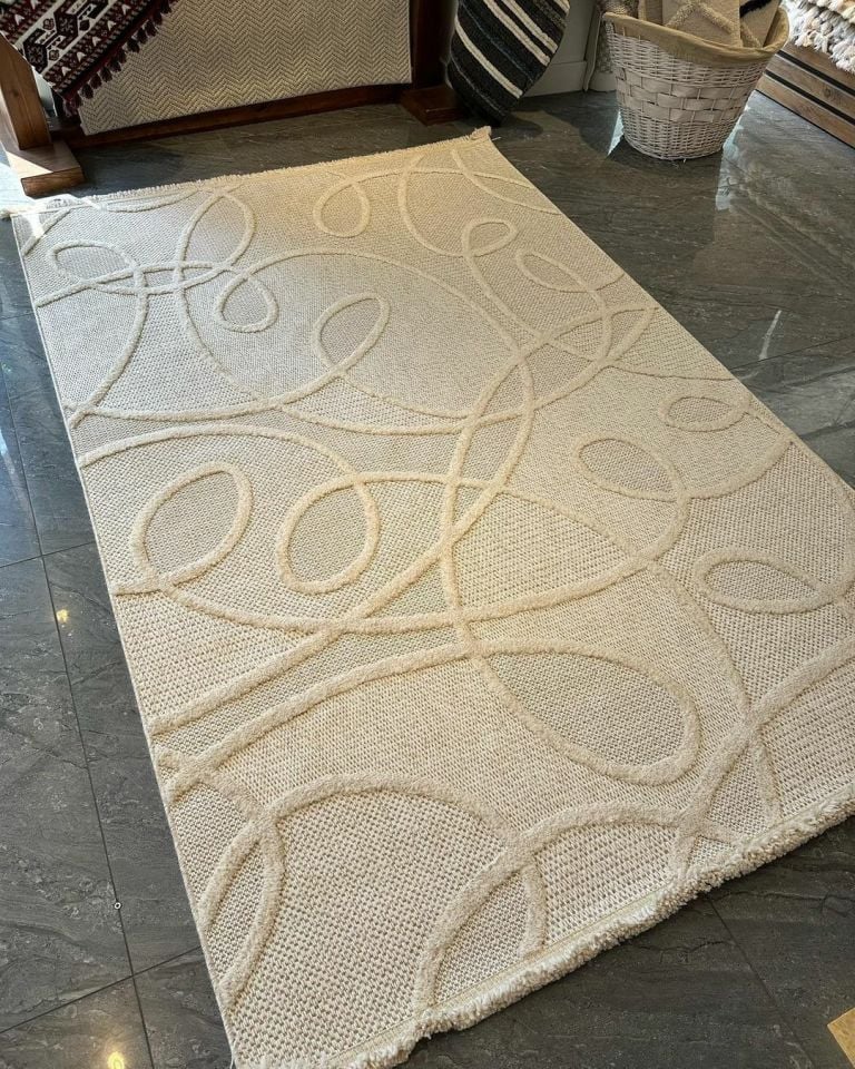 FIRSAT ÖLÇÜ Hav Toz Vermeyen Modern Dayanıklı Krem Halı 80x150