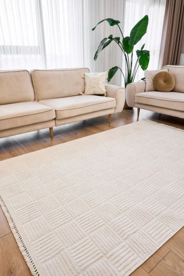 FIRSAT ÖLÇÜ Hav Toz Vermeyen Modern Dayanıklı Beyaz Halı